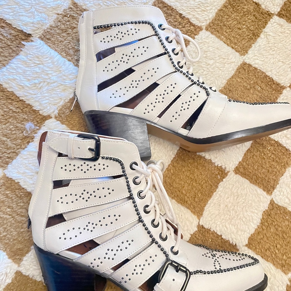 Coach Cream Perforated Lace-Up Ankle Booties with Stud Detail - Picture 3 of 6